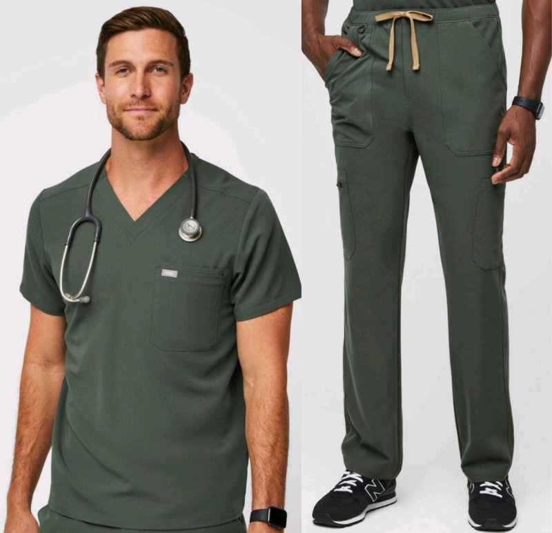 New Size MED + Med/Short Men's FIGS : Leon Three-Pocket Scrub Top & Cairo Zip Fly Scrub Pants | Retails Over $130!