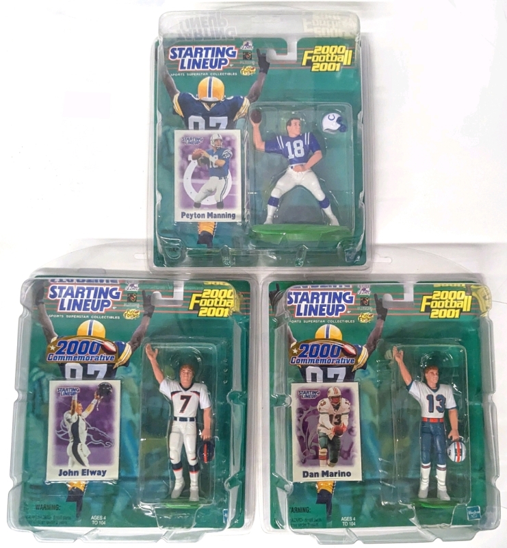 3 Vintage 2000 Hasbro STARTING LINEUP 2000-01 Football 5" Figures : Dan Marino, John Elway, Peyton Manning