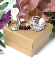 3 Rings Including Signed BOMB PARTY The Sterling 925 Club Black Onyx Cubic Zirconia (Size 7), Baguette Cut Lab Blue Sapphire (Size 7), November Another Lifetime Lab Yellow Topaz (Size 6)