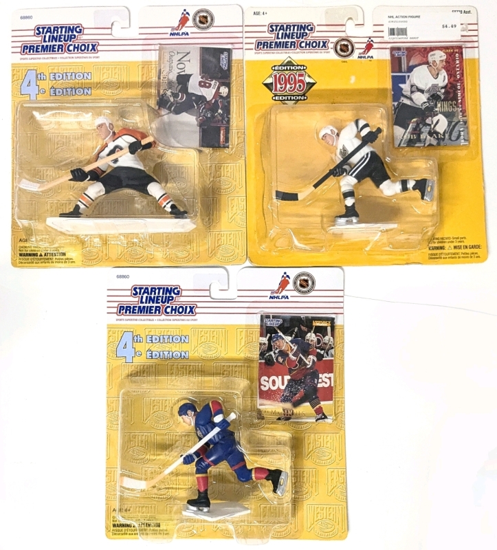 3 Vintage 1995-96 Kenner NHL NHLPA Starting Lineup : Eric Lindros, Al Macinnis, Rob Blake - 4th & 1995 Edition