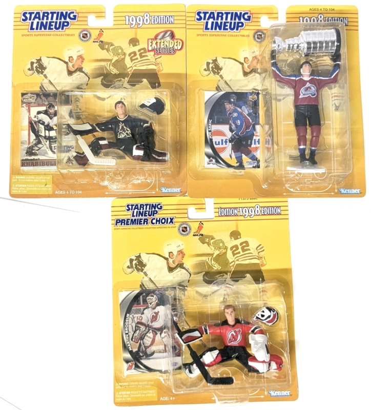 3 Vintage 1998 Kenner NHL NHLPA Starting Lineup : Nikolai Khabibulin, Martin Brodeur, Joe Sakic - 1998 Edition & Extended Series