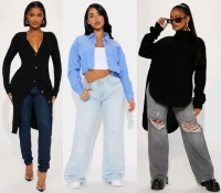 3 New Size MED Women's FASHION NOVA: Noor Sweater (Black), Step Away Striped Shirt (Blue), Rissa Cardigan Sweater (Black) | Over $100 Retail Value!