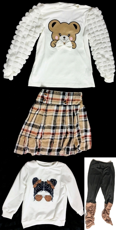 2 New Size 6Y Girl's 2-Piece Outfits : Gool Girl Graphic Sweatshirt+ Ruched Leggings & Teddy Bear Crinkle Top & Plaid Skirt