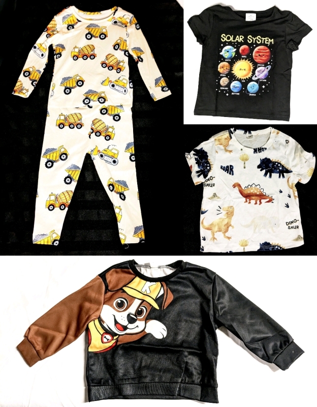 4 New Size 4Y Kids Clothes: Solar System & Dinosaurs T-Shirts, Construction Vehicles 2-Pieve Pajama Set & Puppy Sweater