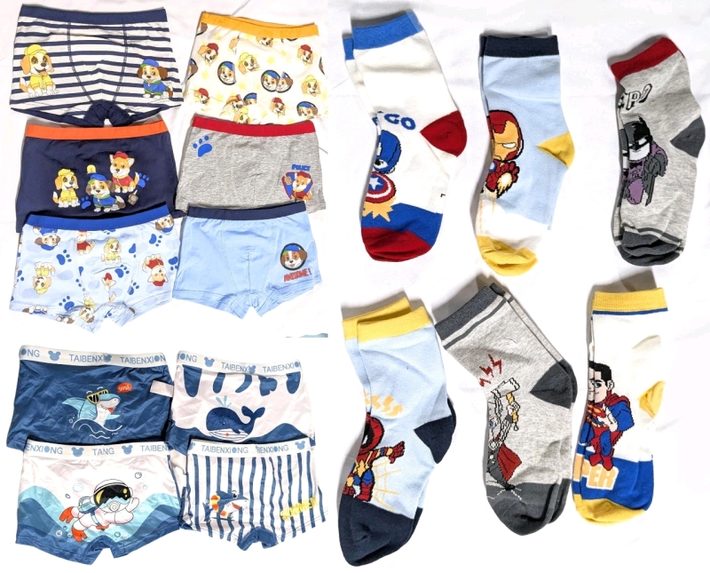 3 New Packs Size 6Y Kids Socks & Underwear: 6 Superhero Socks, 6 Puppies & 4 Sea Life Underwear