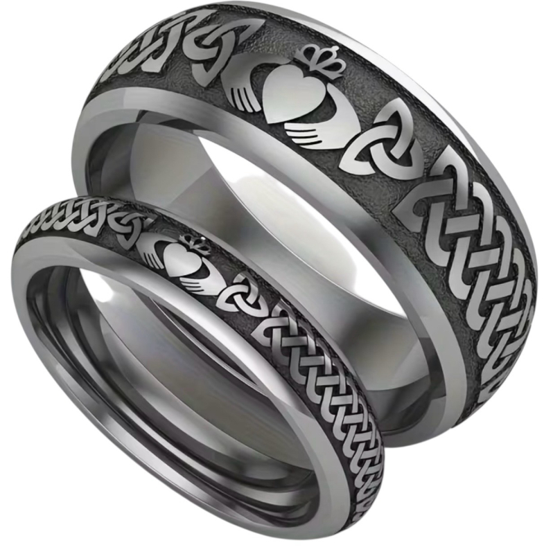 Stainless Steel Titanium Claddagh Wedding Band Set Size 8 and Size 12