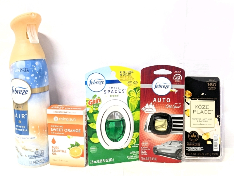 New Scents For Home & Car: Rising Sun Sweet Orange Essential Oil (15ml), Frebreeze Luxe Air Serene Snowfall (250g), Frebreeze Small Spaces Original, Frebreeze Auto Old Spice & KOZE Place Toasted Hazelnut & Oatmilk Scented Wax Rounds