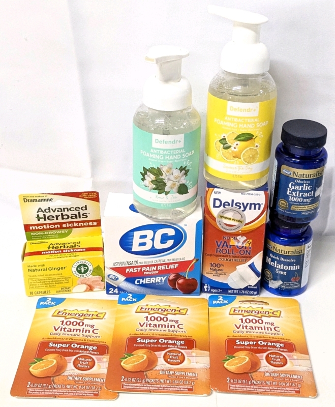 11l0 New Cold Prevention, Health Products & Supplements: Motion Sickness Capsules (18), Pain Relief Power (Cherry, 24pk), 2&times; Antibacterial Hand Soaps, Garlic Extract (60), Melatonin (90), 3&times; Emergen-C Daily Immune Support (2&times; 91g Packets Each)