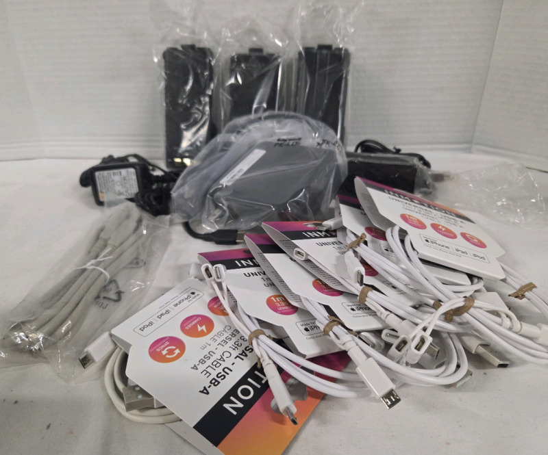 New | Cords, Chargers and More Lot | Includes Universal 3.3ft USB A, C and Apple Chargers, USB-C AC Adapter, 7.4V Extended Bayteries for Boafeng Two Way Radios and More!