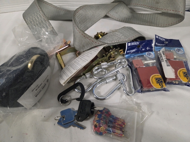 Keys, Buckles, Locks, Straps & More Lot | Includes Rachet Strap, 2 Padlocks, Carabiner Hooks, Keys, etc.