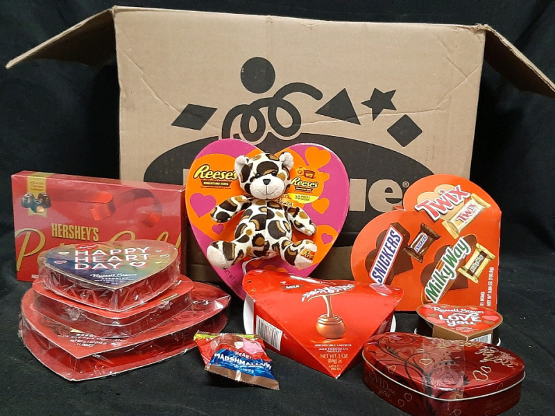 Large Lot of Valentine's Chocolates from Hershey's, Russel Stover, Reeses, Lindt Lindor & Whitmans | Box Measures 15" Tall, 19" Long, 13" Wide
