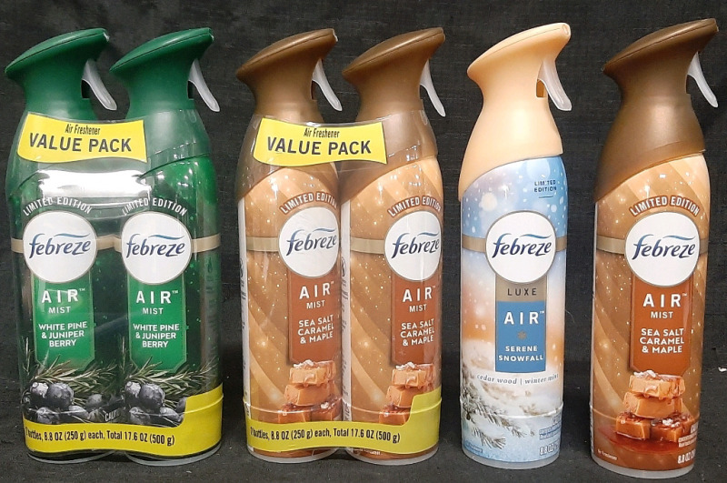 6 New Cans of Febreze Air Mist Air Fresheners | White Pine & Juniper Berry, Sea Salt Caramel & Maple And Serene Snowfall | 250g Each