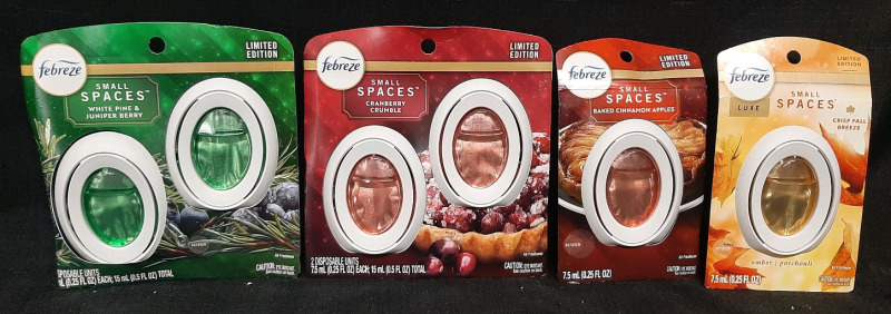 4 New Febreze Small Spaces Disposable Air Fresheners | White Pine & Juniper Berry, Cranberry Crunble, Baked Cinnamon Apples And Crisp Fall Breeze | 7.5ml Each
