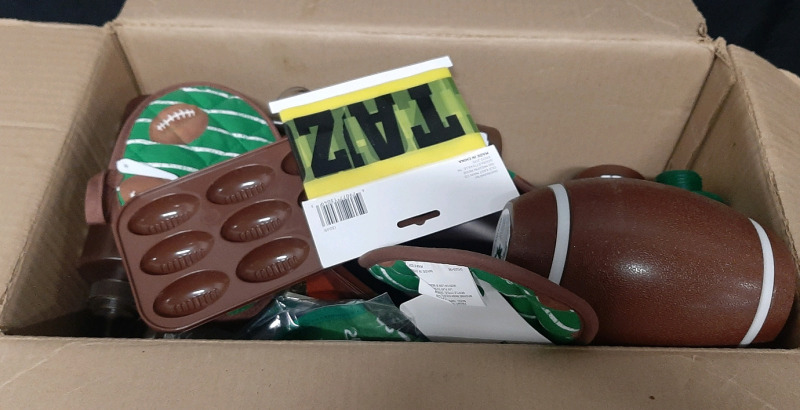 Large Lot of Football Themed Items, Including Party Trays, Condiment Bottles, Pot Holders, Coasters, Tailgate Party Tape | Box Measures 16", 19" Long, 10" Wide