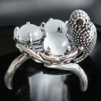 Fabulous Moonstone Colour Bird's Nest Ring Size 8 Bird on Nest 3 Prong Set Eggs
