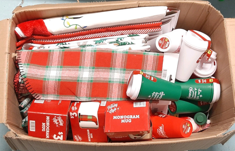 Big Lot of Holiday Themed Indoor Items & Decorations, Including Mugs, Coffee Tumblers, Tree Skirts & More - Box Measures 27" Long, 17&frac12;" Wide & 17&frac12;" Tall