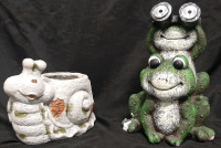 2 New Stone Lawn Ornaments, Including A Snail Planter & Frog Floodlight Statue | Snail Statue is 9" Tall, 12" Long & 5&frac12;" Wide | Frog Statue is 14&frac12;" Tall & 10" Wide, Spotlights Do Not Appear to Function, Sold as is