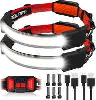 2 As New USB Rechargeable Soft Headlamps USB C Super Bright LED With Tail Red Light (Individual Control), Lightweight Waterproof in Softcase 7 x 5 x 2"