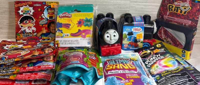 10+ Assorted Play Doh| Slimy Sand | Illooms Punch Frapper| Pocket watch| Thomas and Friends First Builders| Super Miracles Bubbles to go