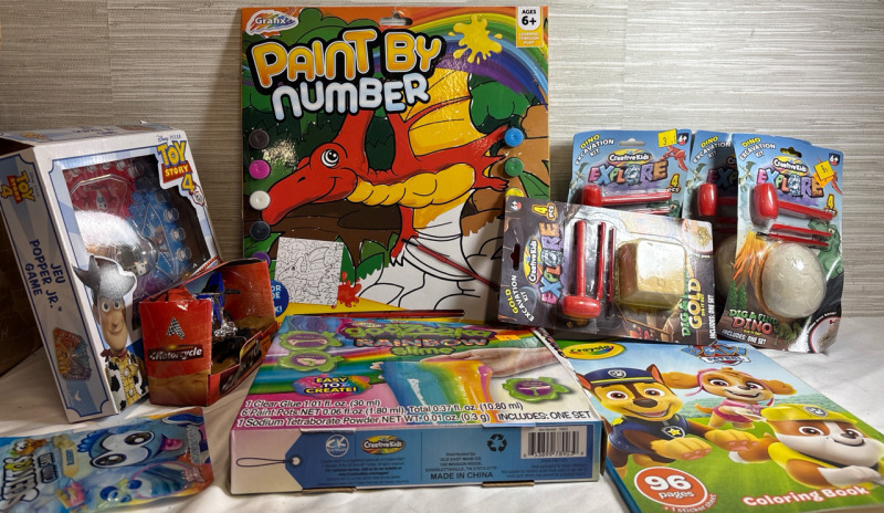 10 New Assorted Toys include Creative Kids Rainbow Slime| Crayola Paw Patrol Coloring Book| Paint By Number Book| Disney Toy Story 4 | Sentos Cloud Sand| Motorcycle Toy| Dino & Gold Excavation Kit