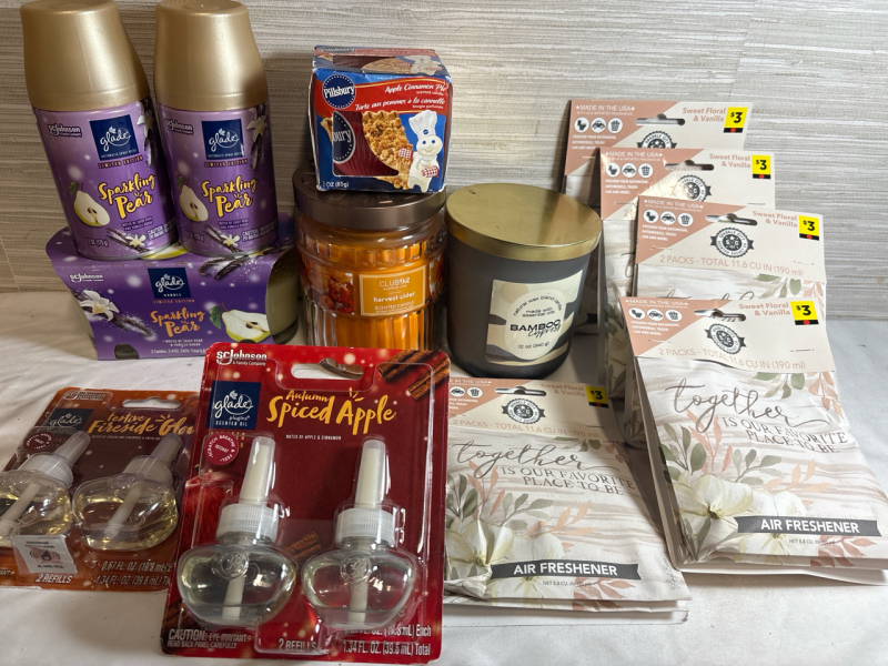 15+ New Air Freshner and Scented Candles Lot include Autumn Spiced Apple and Fireside Glow Refills| Sweet Floral Vanilla Air Freshners| Assorted Candles and Sparkling Pear Spray Refill