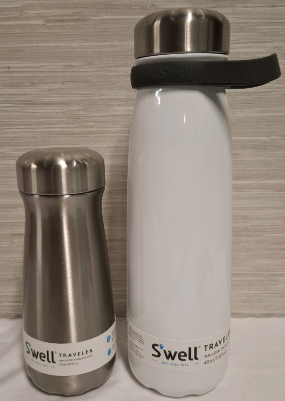 2 New S'well Traveler Insulated Stainless Steel Bottle | 470ml & 1180ml Therma Technology | Tallest Measure Heights- 12"