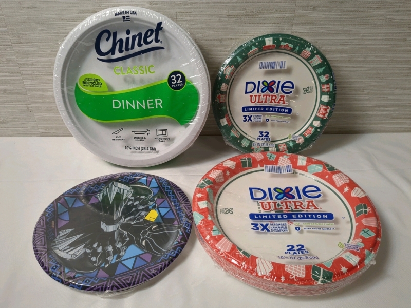 4 New Packs Disposable/Compostable Plates Various Designs/Amounts 8 to 32 per pack, Approx 8 to 10 Inches