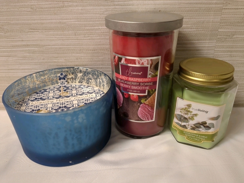 3 New Candles Assorted Sizes and Scents, tallest is 6 Inches