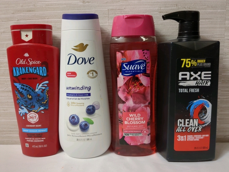 4 New Bottles of Bodywash and Shampoo, Various Brands and Scents, 16 to 28 fl oz
