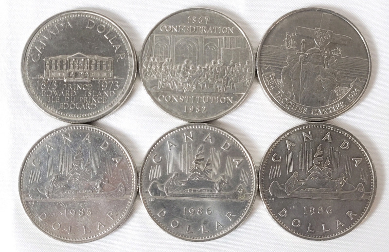 1973 - 1986 Canadian One Dollar Coin . 1973 , 1982 , 1984 , 1985 & 1986 &times;2 . Six (6) Coins