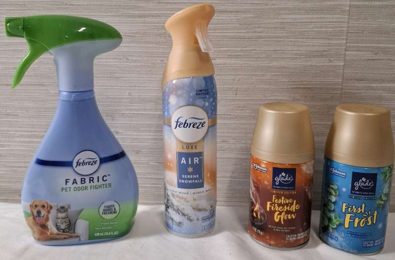 2 New SC Johnson Glade Air Freshers (175g each), 1 New Febreze Air Fresher (250g) & 1 New Febreze Fabric Refresher (438ml)