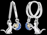 925 Pure Silver Cat Playing with the Stars Earrings Sparkling Zirconia Style Stones Stamped Approximately 1 Inch Drop