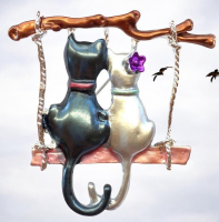 Pair of Cats in Love Enamel Brooch Vintage Art Deco Style