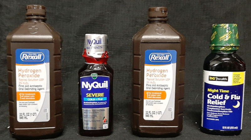 2 Bottles of Rexall Hydrogen Peroxide (1 QT Each), Vicks Nyquil Severe Cold & Flu (236ml) & DG Health Night Time Cold & Flu Relief (355ml)