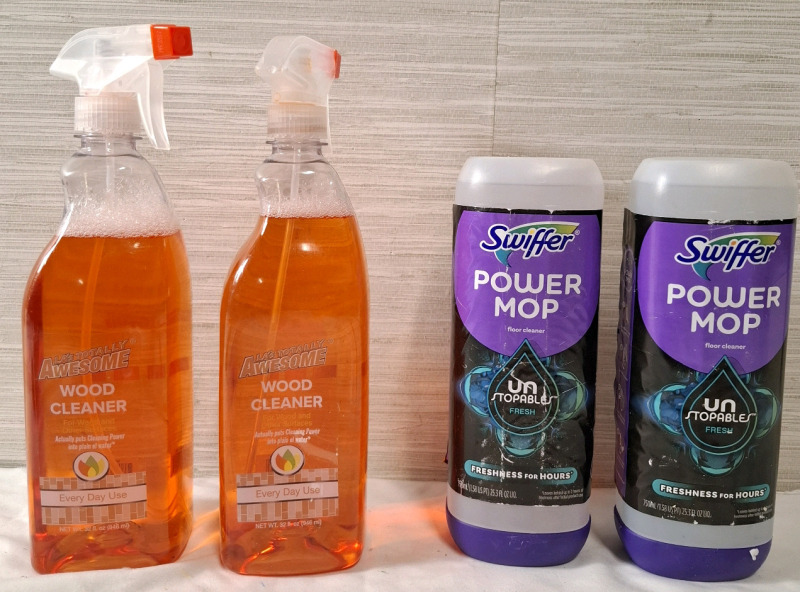 2 New Swiffer Floor Cleaners (750ml each) & 2 New LA'S Totally Awesome Wood Cleaners (946ml each)
