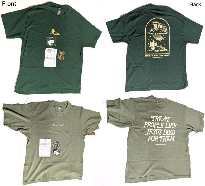2 New Size Large Men's Proclamation Coalition Christian Scripture 100% Cotton T-Shirts With Decals & Bracelets | Over $50 Retail Value