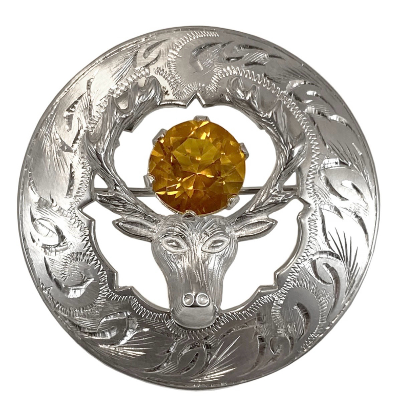 Fabulous Scottish County Argyle Kilt Brooch Stag Head Thistles Claw Set Paste Cognac Stone SIgned MIZPAH see description