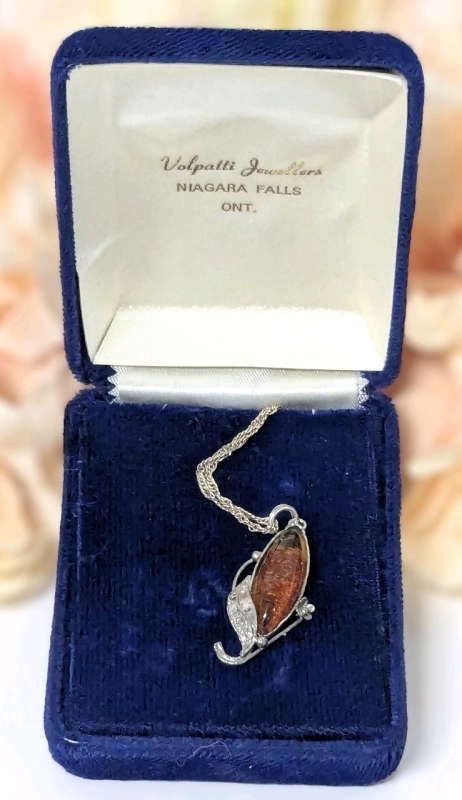 Lovely 1.5" Long Amber Pendant In Leaf & Flower Open Gallery Setting On 26" Stamped 925 Chain With Lobster Clasp