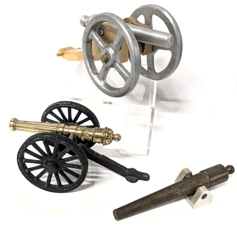 3 Vintage Miniature Cannons : Signed Handmade Wood & Aluminum, Cast Metal With Gilded Cannon, Signed Brass Machined Cannon - Up to 10.5" Long