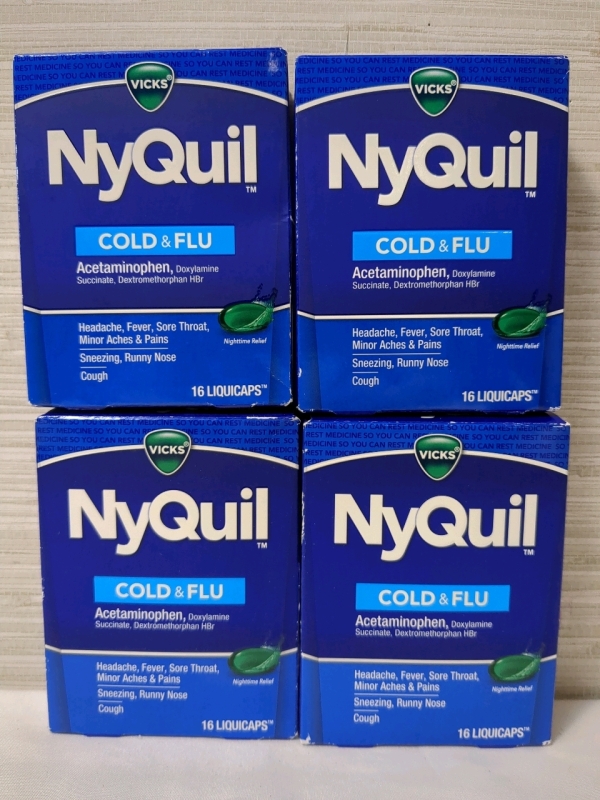 4 New Boxes Vicks NyQuil Cold & Flu, 16 Liquicaps per box, EXP OCT 2026