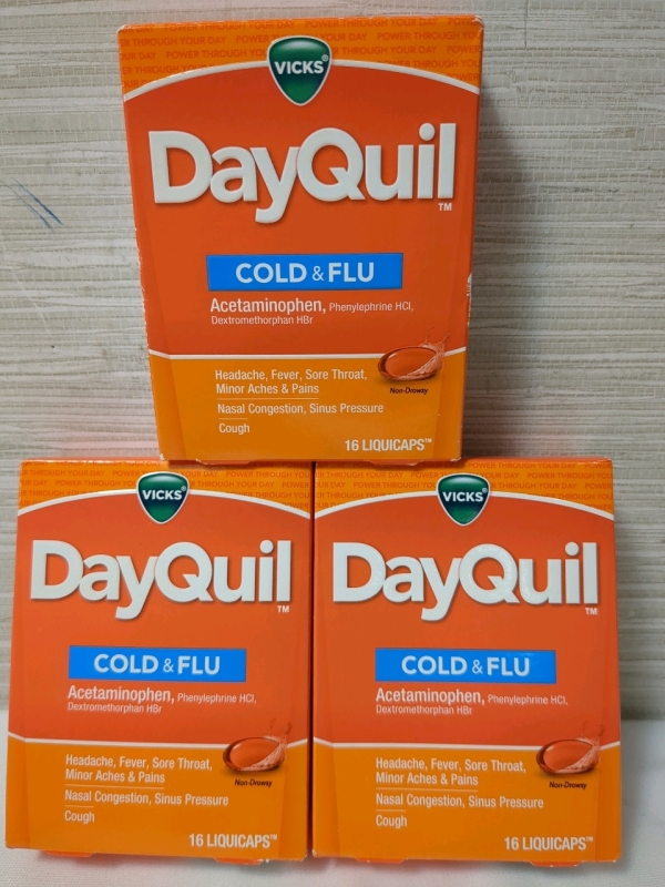 3 New Boxes Vicks DayQuil Cold & Flu, 16 Liquicaps per box, EXP NOV 2026/MARCH 2027