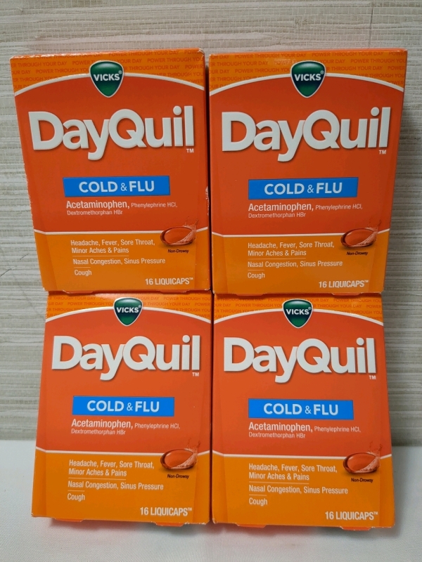 4 New Boxes Vicks DayQuil Cold & Flu, 16 Liquicaps per box, EXP MARCH 2027