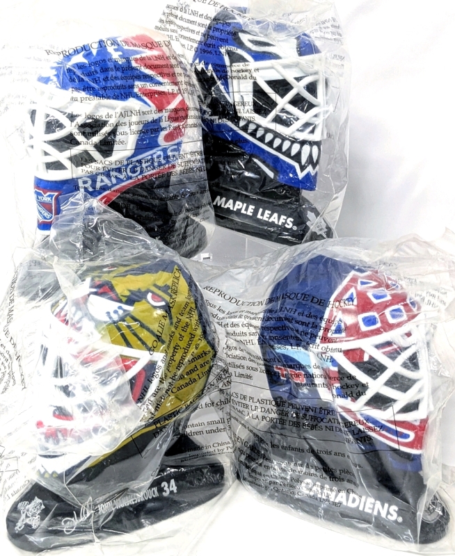 4 Sealed Vintage 1996 MCDONALDS NHL Mini 5" Goalie Masks (See Description For Teams, Names & Numbers)