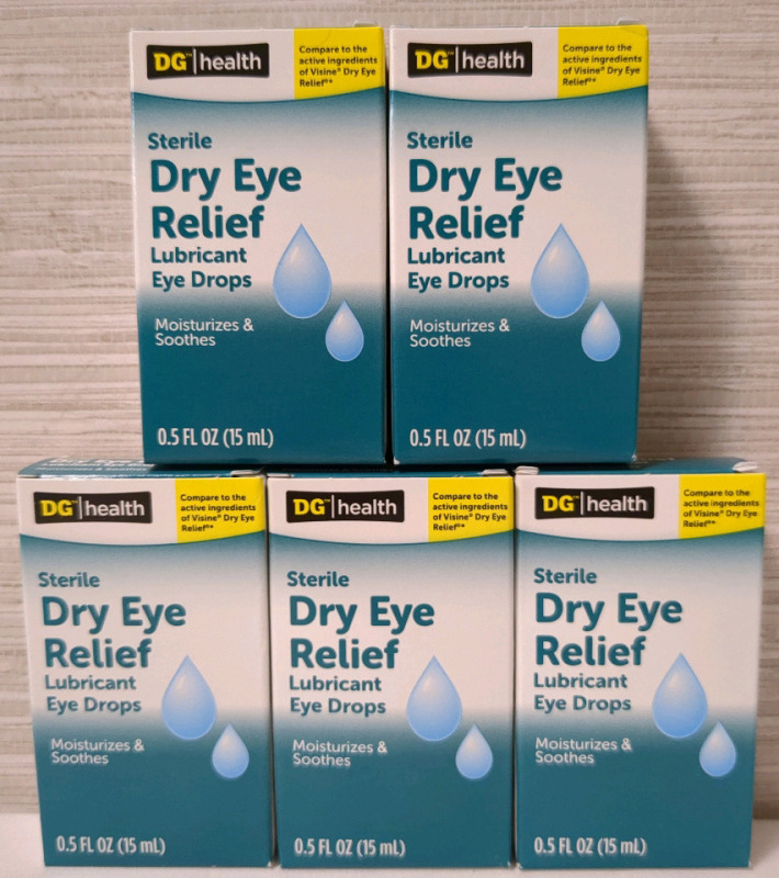 5 New Boxes DG Health Dry Eye Relief Lubricant Eye Drops 15mL per bottle.