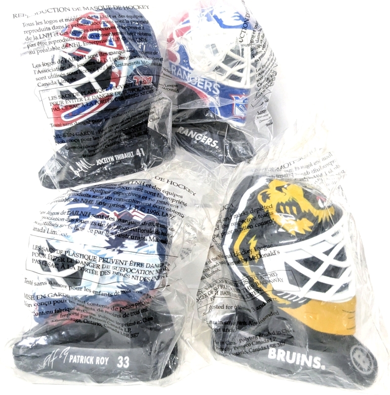 4 Sealed Vintage 1996 MCDONALDS NHL Mini 5" Goalie Masks (See Description For Teams, Names & Numbers)