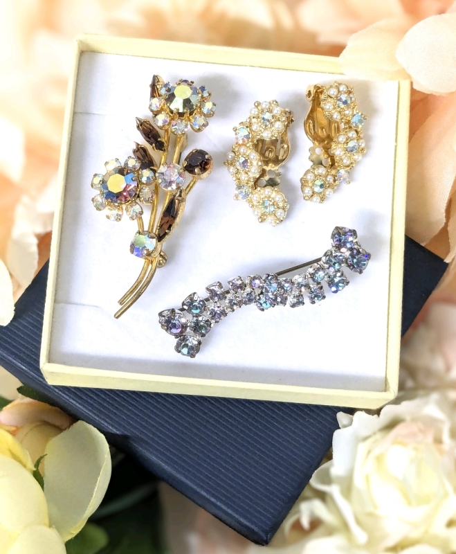 Fantastic Vintage Rhinestone Jewelry : AB Rhinestones + Faux Micro Pearls Half-Moon Clip-On Earrings, AB & Honey Floral Brooch & Wave AB Rhinestone Brooch - Longest Brooch 2.5"