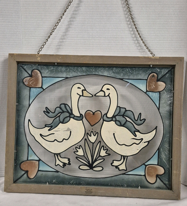 Vintage Framed Painted Glass Window Suncatcher 20 by 15.75"