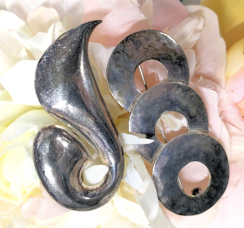 Signed Vintage Sterling 925 Silver Three Hammered Circle Brooch 2.2" Long & Signed Sterling 925 Israel Solid Curved & Swirled Brooch 2"