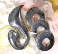 Signed Vintage Sterling 925 Silver Three Hammered Circle Brooch 2.2" Long & Signed Sterling 925 Israel Solid Curved & Swirled Brooch 2"