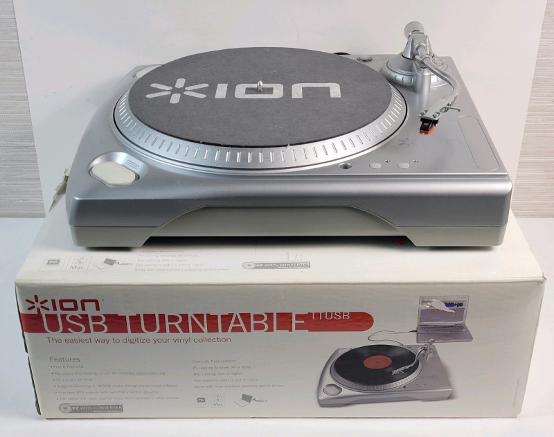 ION Plug & Play USB Turntable w/33 ⅓ and 45rpm Settings . Tested Powers Up , Platter Rotates . Not Tested Beyond Power Up